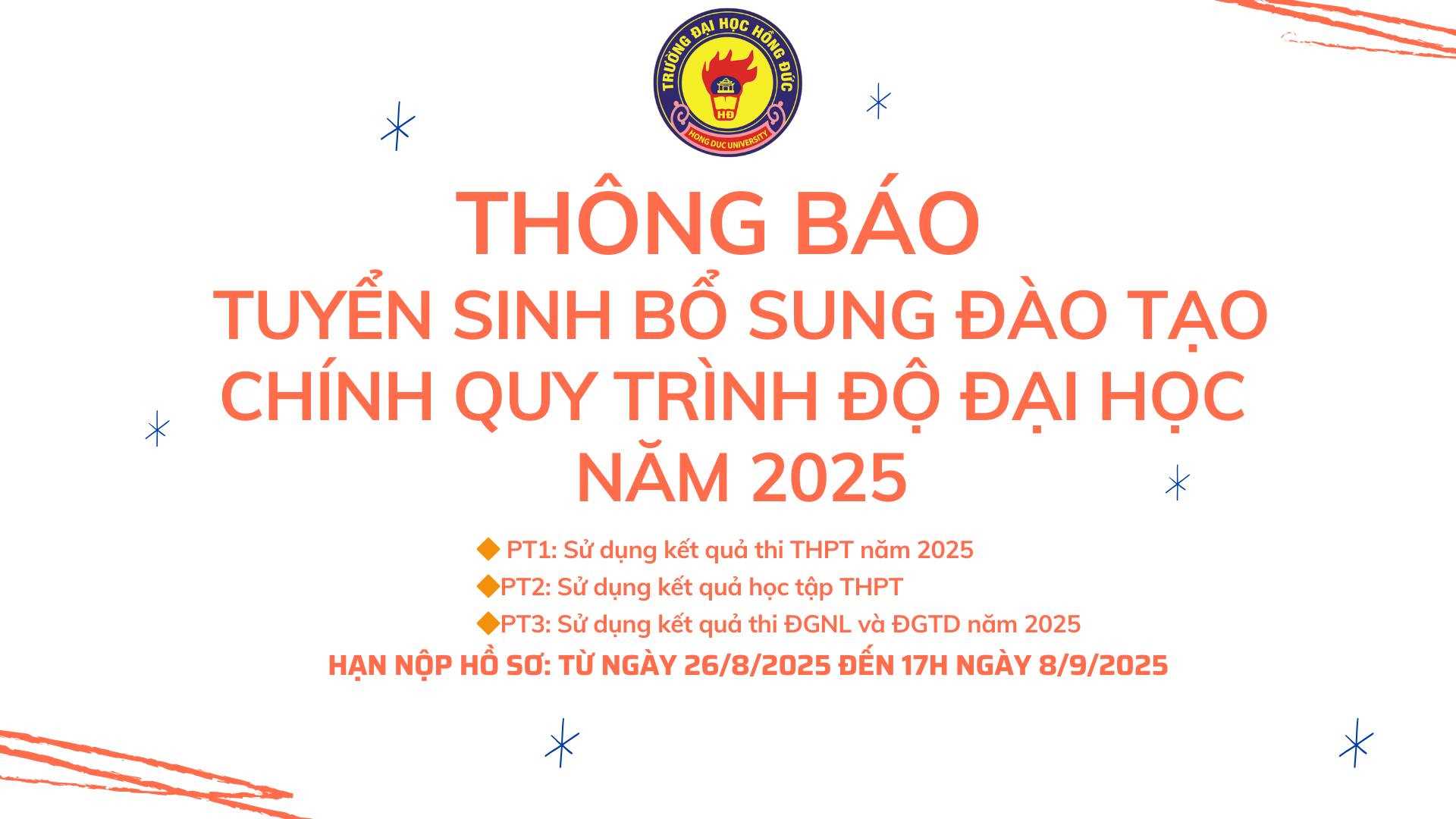 Trường Đại học Hồng Đức thông báo tuyển sinh bổ sung đào tạo chính quy trình độ đại học năm 2025.